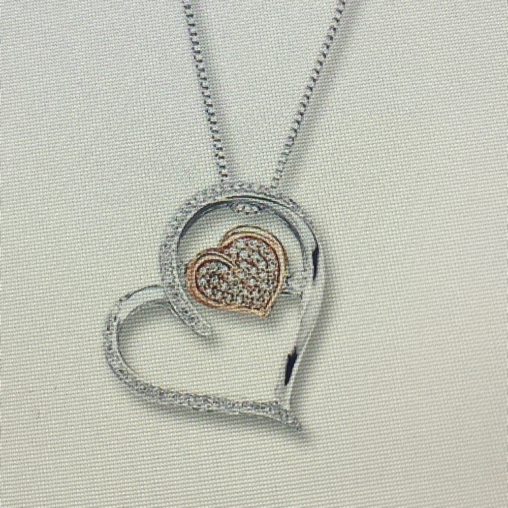 Diamond solid rose gold and silver heart necklace with chain